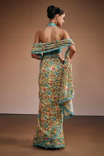 Shop_The Royaleum_Multi Color Silk Halter Neck Floral Print Saree With Blouse _at_Aza_Fashions