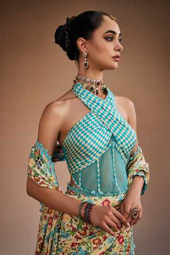The Royaleum_Multi Color Silk Halter Neck Floral Print Saree With Blouse _Online_at_Aza_Fashions