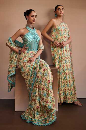 Shop_The Royaleum_Multi Color Silk Halter Neck Floral Print Saree With Blouse _Online_at_Aza_Fashions