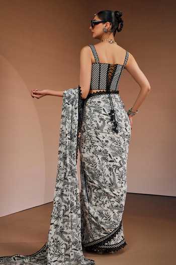 Shop_The Royaleum_White Silk Sweetheart Neck Floral Print Saree With Corset _at_Aza_Fashions