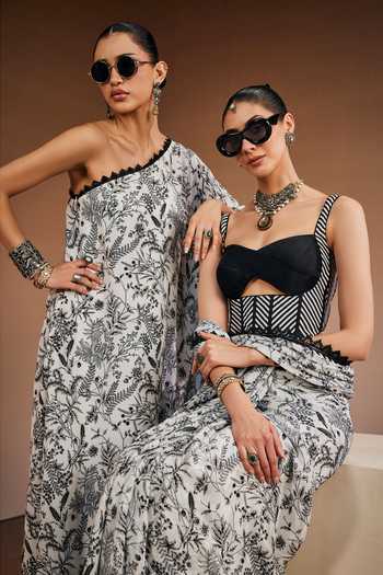 Shop_The Royaleum_White Silk Sweetheart Neck Floral Print Saree With Corset _Online_at_Aza_Fashions