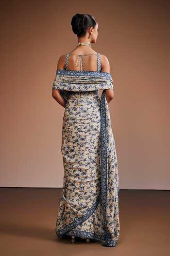 Shop_The Royaleum_Ivory Silk Sweetheart Neck Printed Saree With Striped Blouse _at_Aza_Fashions