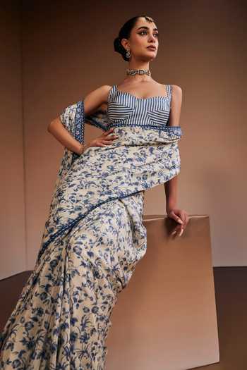 The Royaleum_Ivory Silk Sweetheart Neck Printed Saree With Striped Blouse _Online_at_Aza_Fashions