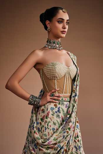 The Royaleum_Gold Silk, Net Beads, Pearls Sweetheart Neck Printed Lehenga Set _Online_at_Aza_Fashions