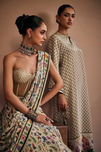 Buy_The Royaleum_Gold Silk, Net Beads, Pearls Sweetheart Neck Printed Lehenga Set _Online_at_Aza_Fashions