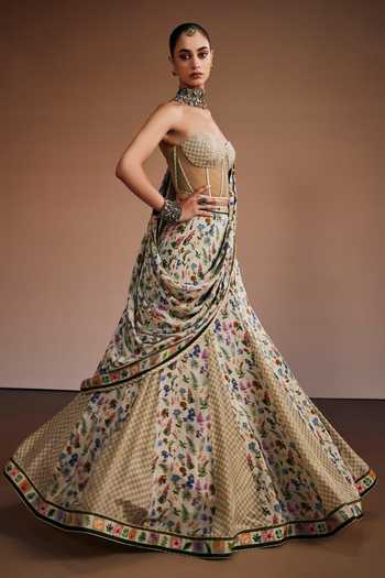 Shop_The Royaleum_Gold Silk, Net Beads, Pearls Sweetheart Neck Printed Lehenga Set _at_Aza_Fashions