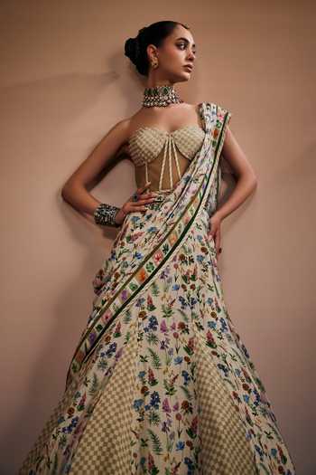Shop_The Royaleum_Gold Silk, Net Beads, Pearls Sweetheart Neck Printed Lehenga Set _Online_at_Aza_Fashions