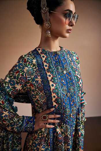 Buy_The Royaleum_Multi Color Silk Round Neck Floral Print Anarkali Set _Online_at_Aza_Fashions