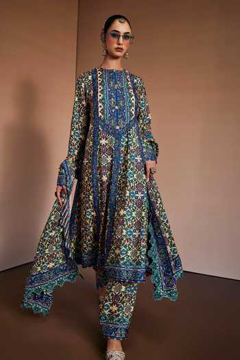 Shop_The Royaleum_Multi Color Silk Round Neck Floral Print Anarkali Set _Online_at_Aza_Fashions
