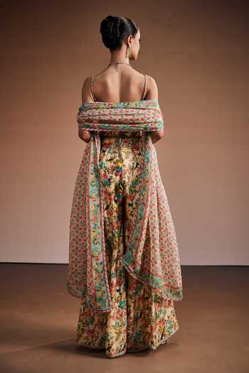 Shop_The Royaleum_Cream Silk, Organza Sweetheart Neck Floral Print Corset Sharara Set _at_Aza_Fashions