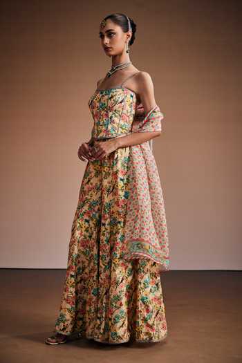The Royaleum_Cream Silk, Organza Sweetheart Neck Floral Print Corset Sharara Set _Online_at_Aza_Fashions