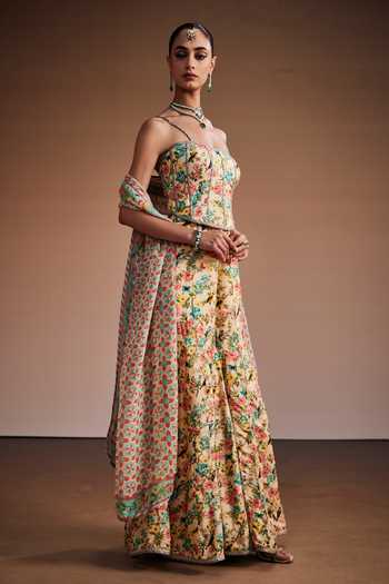 Buy_The Royaleum_Cream Silk, Organza Sweetheart Neck Floral Print Corset Sharara Set _Online_at_Aza_Fashions
