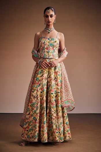 Buy_The Royaleum_Cream Silk, Organza Sweetheart Neck Floral Print Corset Sharara Set _at_Aza_Fashions