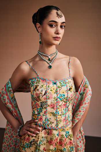 Shop_The Royaleum_Cream Silk, Organza Sweetheart Neck Floral Print Corset Sharara Set _Online_at_Aza_Fashions