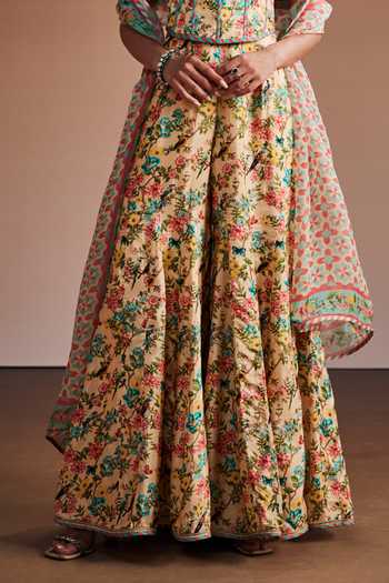 The Royaleum_Cream Silk, Organza Sweetheart Neck Floral Print Corset Sharara Set _at_Aza_Fashions