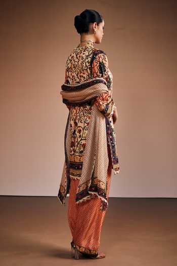 The Royaleum_Ivory Silk, Organza Split V-neck Tree Of Life Print Kurta Set _Online_at_Aza_Fashions