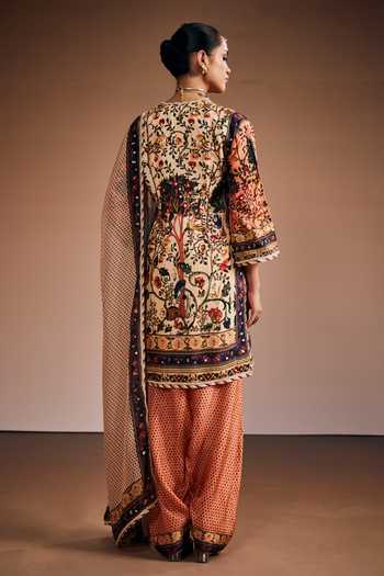Shop_The Royaleum_Ivory Silk, Organza Split V-neck Tree Of Life Print Kurta Set _at_Aza_Fashions