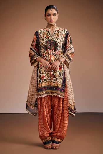 Buy_The Royaleum_Ivory Silk, Organza Split V-neck Tree Of Life Print Kurta Set _at_Aza_Fashions