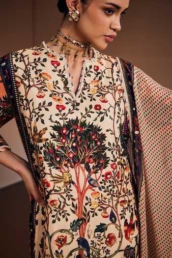 Shop_The Royaleum_Ivory Silk, Organza Split V-neck Tree Of Life Print Kurta Set _Online_at_Aza_Fashions