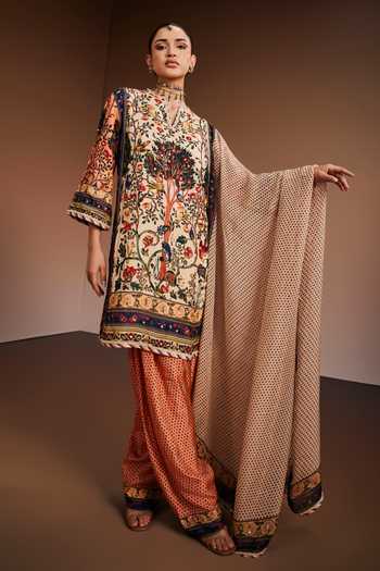 The Royaleum_Ivory Silk, Organza Split V-neck Tree Of Life Print Kurta Set _at_Aza_Fashions