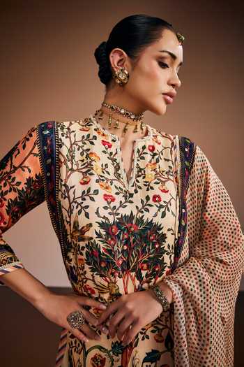 Buy_The Royaleum_Ivory Silk, Organza Split V-neck Tree Of Life Print Kurta Set 