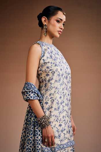The Royaleum_Ivory Silk, Organza High Neck Floral Print Kurta Set _Online_at_Aza_Fashions