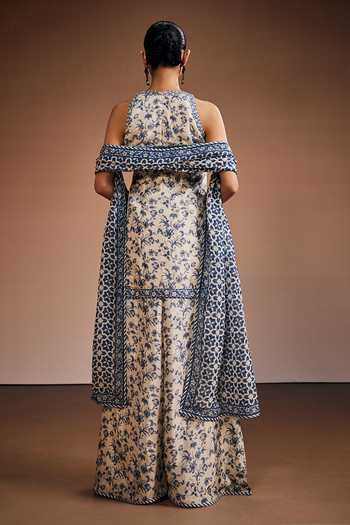 Shop_The Royaleum_Ivory Silk, Organza High Neck Floral Print Kurta Set _at_Aza_Fashions