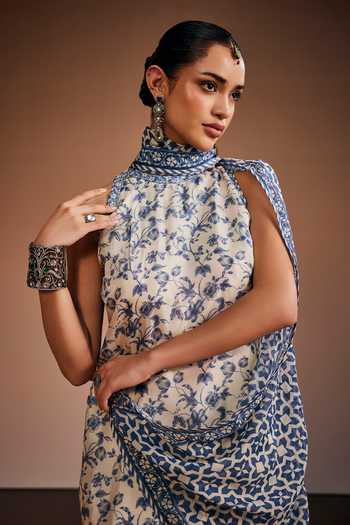 Shop_The Royaleum_Ivory Silk, Organza High Neck Floral Print Kurta Set _Online_at_Aza_Fashions