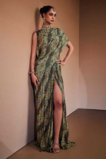 Buy_The Royaleum_Multi Color Silk Embroidery High Neck Heritage Printed Draped Gown _at_Aza_Fashions