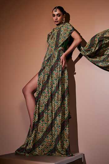 The Royaleum_Multi Color Silk Embroidery High Neck Heritage Printed Draped Gown _Online_at_Aza_Fashions