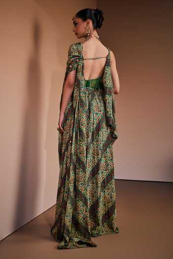 Shop_The Royaleum_Multi Color Silk Embroidery High Neck Heritage Printed Draped Gown _at_Aza_Fashions