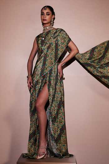 Buy_The Royaleum_Multi Color Silk Embroidery High Neck Heritage Printed Draped Gown _Online_at_Aza_Fashions