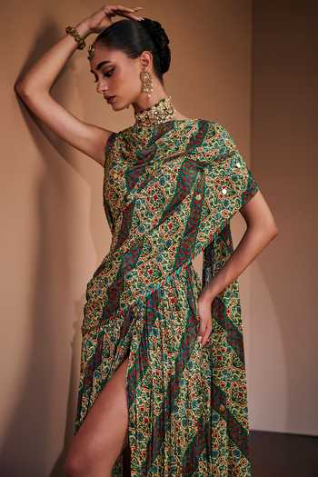 Shop_The Royaleum_Multi Color Silk Embroidery High Neck Heritage Printed Draped Gown _Online_at_Aza_Fashions