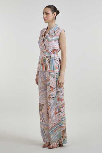 SOBARIKO_Multi Color Linen Notched Neck Daphne Abstract Dot Print Wrap Jacket And Pant Set _Online_at_Aza_Fashions
