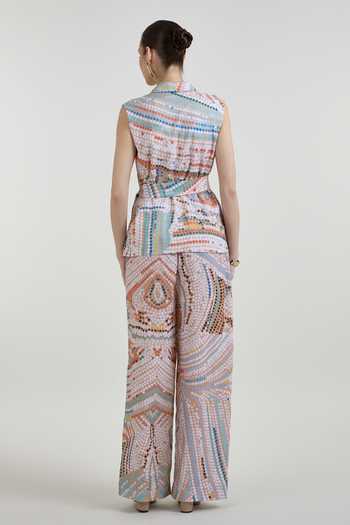 Shop_SOBARIKO_Multi Color Linen Notched Neck Daphne Abstract Dot Print Wrap Jacket And Pant Set _at_Aza_Fashions
