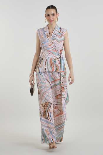 Buy_SOBARIKO_Multi Color Linen Notched Neck Daphne Abstract Dot Print Wrap Jacket And Pant Set _at_Aza_Fashions
