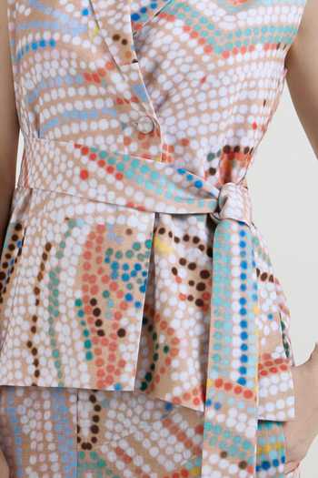 Shop_SOBARIKO_Multi Color Linen Notched Neck Daphne Abstract Dot Print Wrap Jacket And Pant Set _Online_at_Aza_Fashions