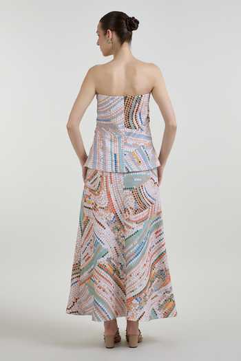 Shop_SOBARIKO_Multi Color Linen Bandeau Neck Daphne Abstract Dot Print Strapless Dress _at_Aza_Fashions