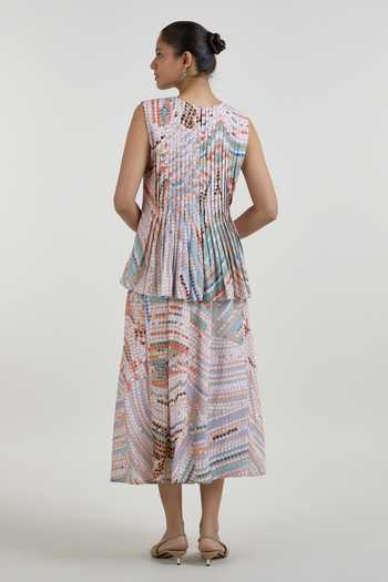 Shop_SOBARIKO_Multi Color Linen Round Neck Daphne Abstract Dot Print Accordion Skirt Set _at_Aza_Fashions