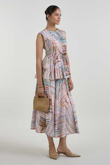 Buy_SOBARIKO_Multi Color Linen Round Neck Daphne Abstract Dot Print Accordion Skirt Set _Online_at_Aza_Fashions