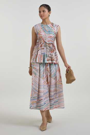 Buy_SOBARIKO_Multi Color Linen Round Neck Daphne Abstract Dot Print Accordion Skirt Set _at_Aza_Fashions