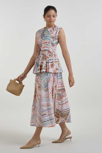 Shop_SOBARIKO_Multi Color Linen Round Neck Daphne Abstract Dot Print Accordion Skirt Set _Online_at_Aza_Fashions