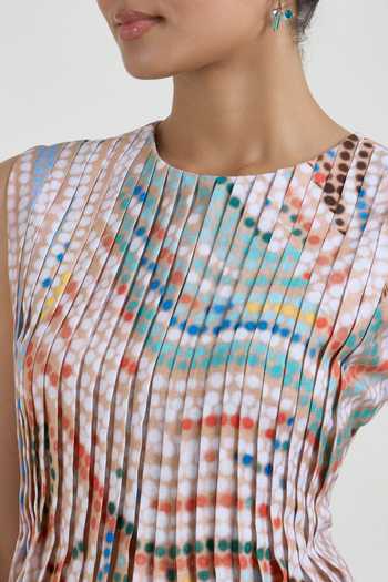 SOBARIKO_Multi Color Linen Round Neck Daphne Abstract Dot Print Accordion Skirt Set _at_Aza_Fashions