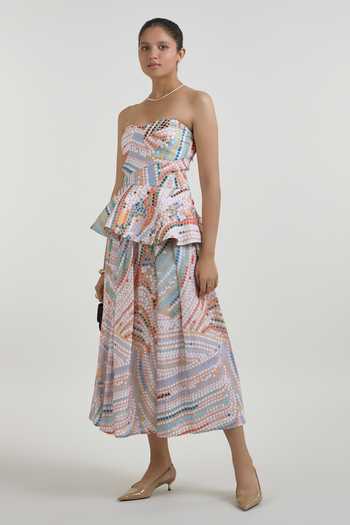 Buy_SOBARIKO_Multi Color Linen Bandeau Neck Daphne Dot Print Peplum Top And Skirt Set _at_Aza_Fashions