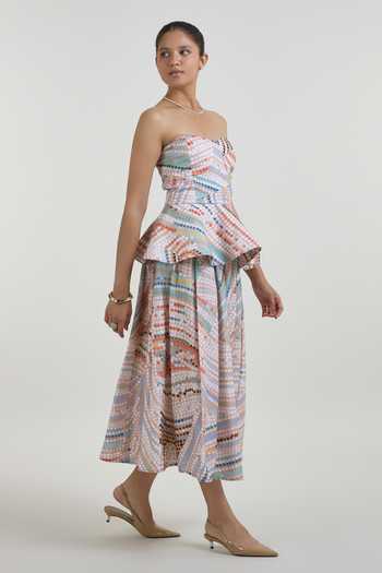 SOBARIKO_Multi Color Linen Bandeau Neck Daphne Dot Print Peplum Top And Skirt Set _Online_at_Aza_Fashions
