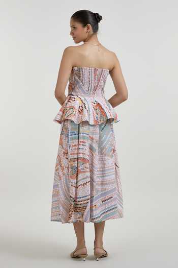 Shop_SOBARIKO_Multi Color Linen Bandeau Neck Daphne Dot Print Peplum Top And Skirt Set _at_Aza_Fashions