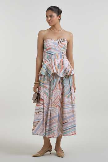 Buy_SOBARIKO_Multi Color Linen Bandeau Neck Daphne Dot Print Peplum Top And Skirt Set _Online_at_Aza_Fashions