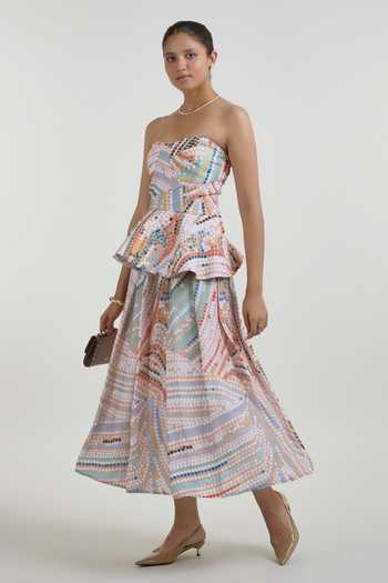Shop_SOBARIKO_Multi Color Linen Bandeau Neck Daphne Dot Print Peplum Top And Skirt Set _Online_at_Aza_Fashions