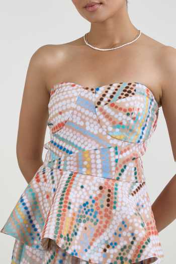 SOBARIKO_Multi Color Linen Bandeau Neck Daphne Dot Print Peplum Top And Skirt Set _at_Aza_Fashions