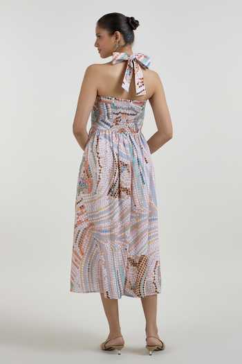 Shop_SOBARIKO_Multi Color Linen Halter Neck Daphne Abstract Dot Print Dress _at_Aza_Fashions